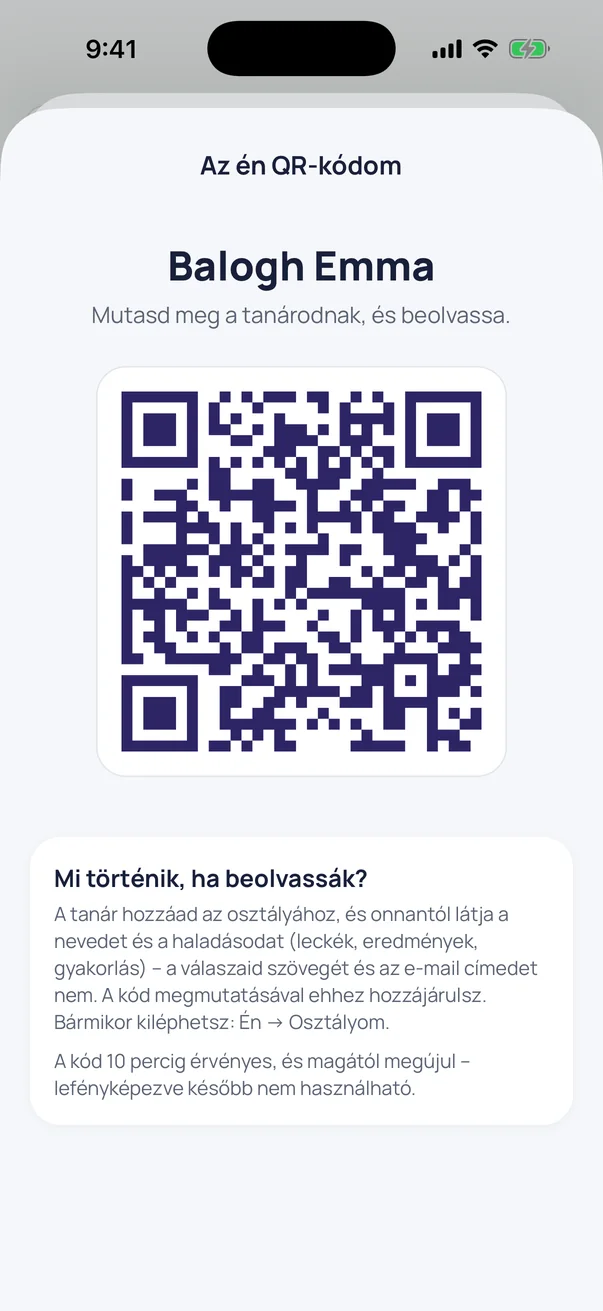 A diák QR-kódja, amit a tanár beolvas